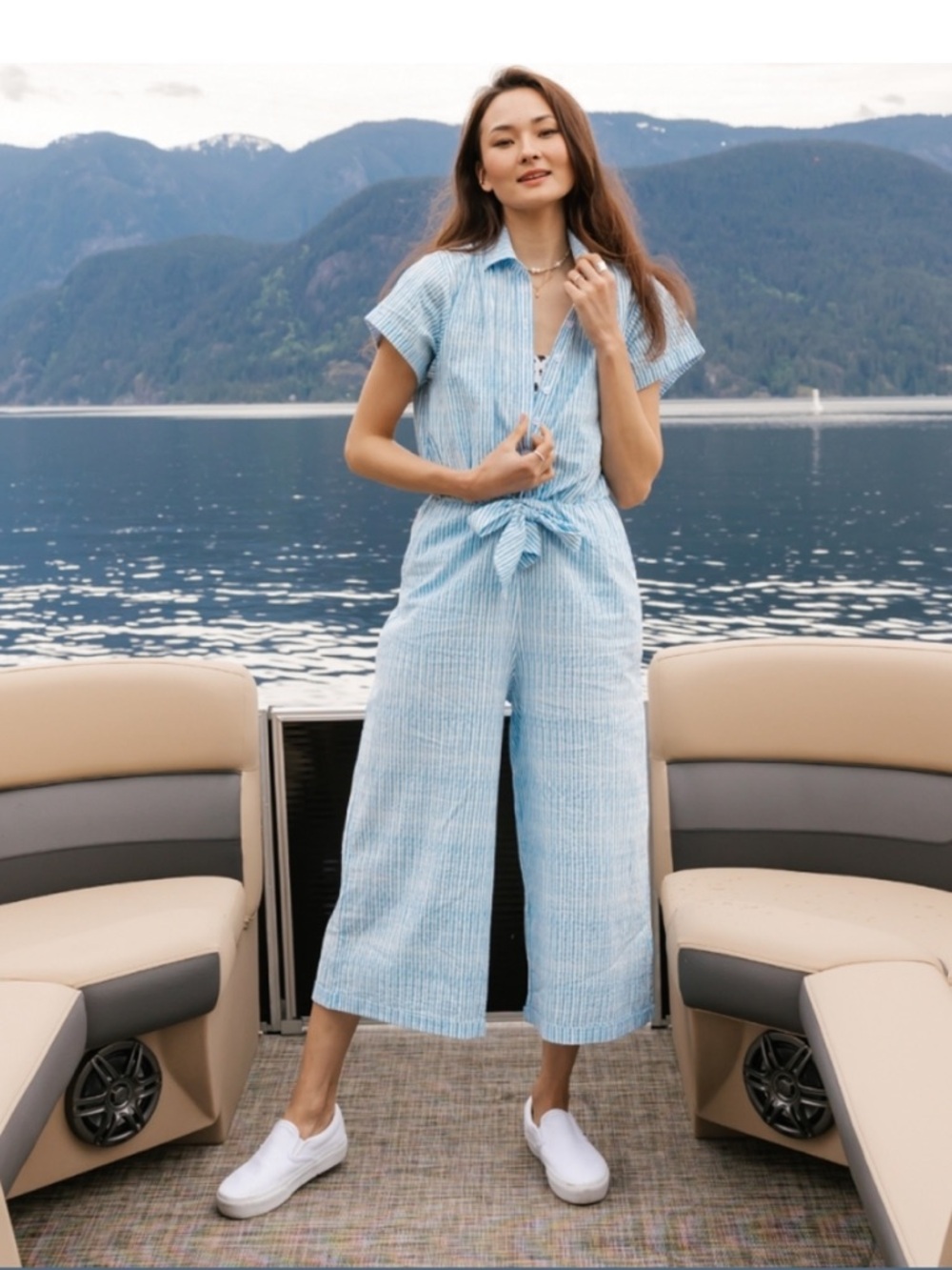 SMASH + TESS ‘Fresh Jumpsuit’ in ‘Smash Stripe’ with blue stripes tie front 3XS